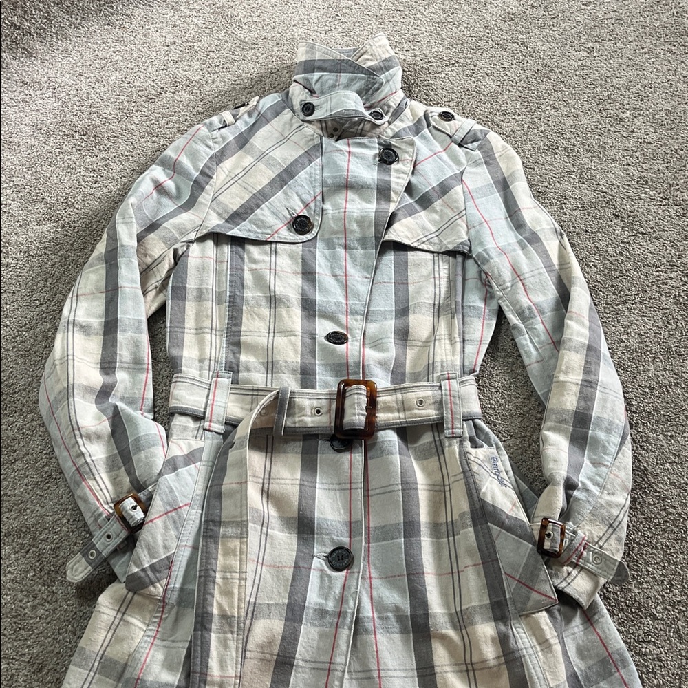 Classic Barbour Pastel Plaid sz4 Cotton Linen Tortoiseshell Hardware Trench EUC - Picture 2 of 16